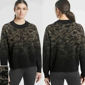 Athleta "Jacquard Crew Sweater" Merino Wool Blend Black Brown Floral, Size S